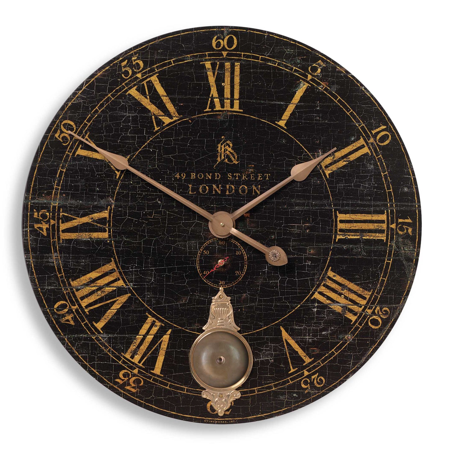 Laminated Black Clock Face With A Weathered Crackled Look, Cast Brass Details And Internal Pendulum. Quartz Movement Ensures Accurate Timekeeping. Requires Two "AA" Batteries.