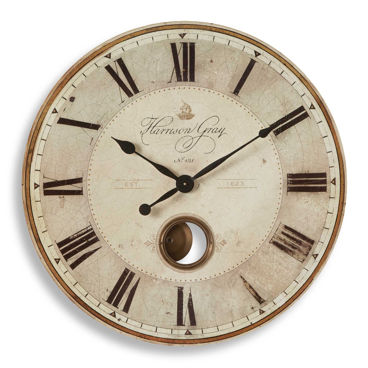 Weathered Laminated Clock Face With Brass Center Components And Internal Pendulum. Quartz Movement Ensures Accurate Timekeeping. Requires Two "AA" Batteries.