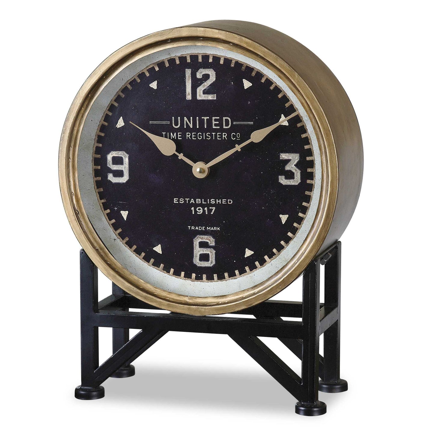 Brass Finished Metal With Aged Black Details. Quartz Movement Ensures Accurate Timekeeping. Requires One "AA" Battery.