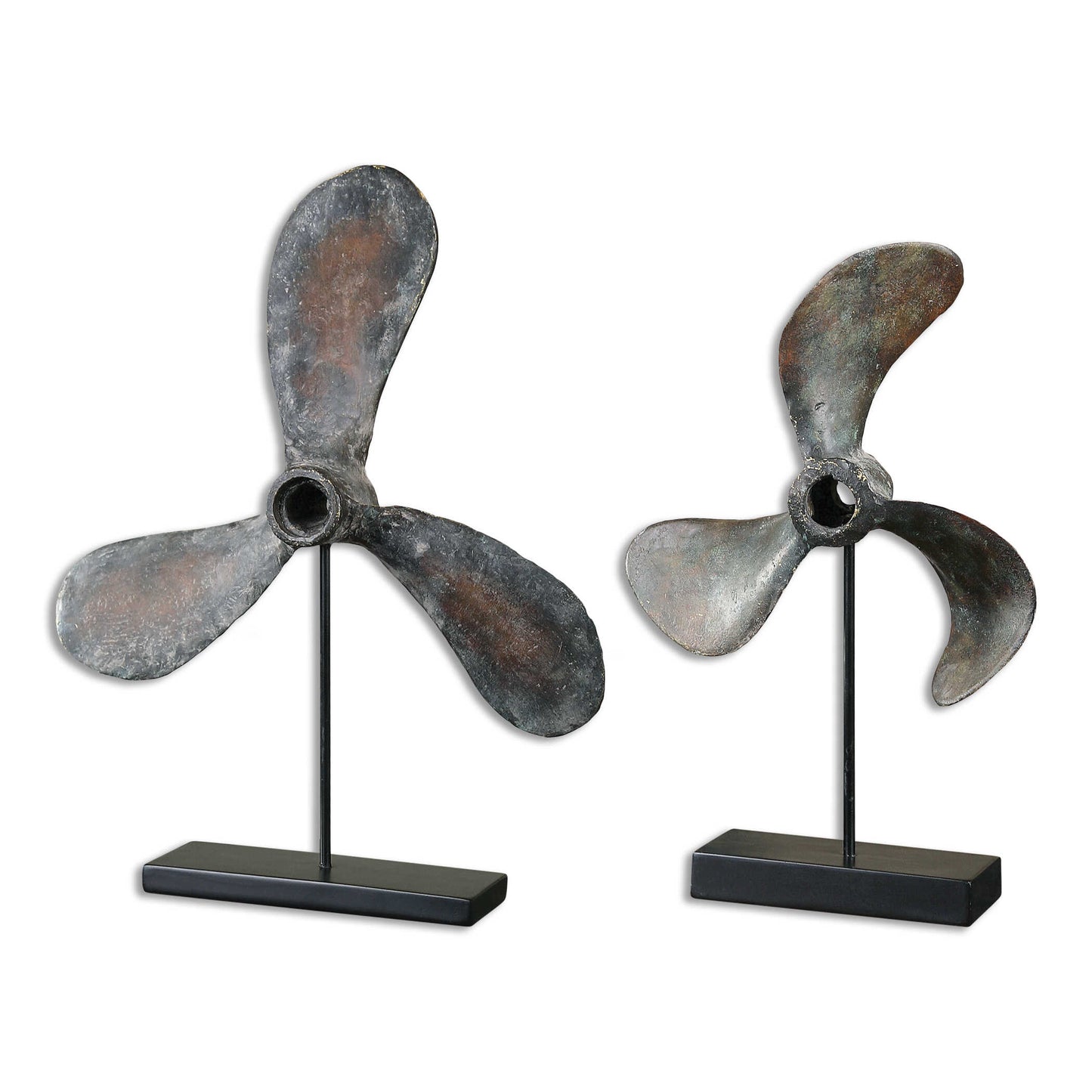 Reproduction Boat Propellers, A Conversation Piece In Any Room. Cast From Old Propellers, These Items Show The Natural Wear And Imperfections Of The Originals. The Finish Is A Rust Brown With Green Tarnish And A Gray Glaze. The Steel Base Is Matte Black. Sizes: S-11x18x4, L-16x21x4