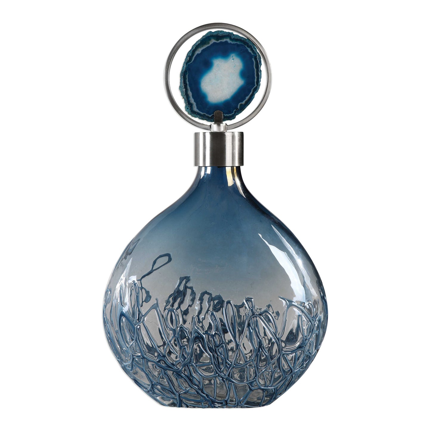 Sky Blue Iridescent Glass With Blue Sugar Spun Accents And Brushed Nickel Plated Removable Lid With Blue Agate Stone Displayed In The Center Of The Iron Circle.