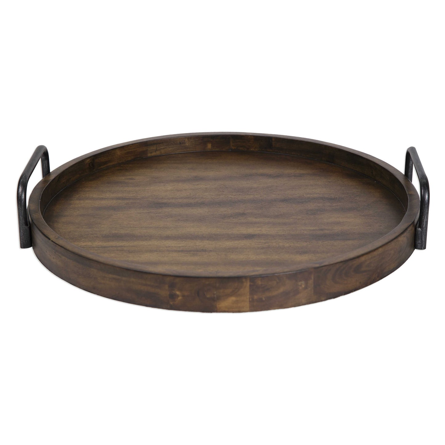 Classic Round Tray Featuring Acacia Wood With Iron Handles.