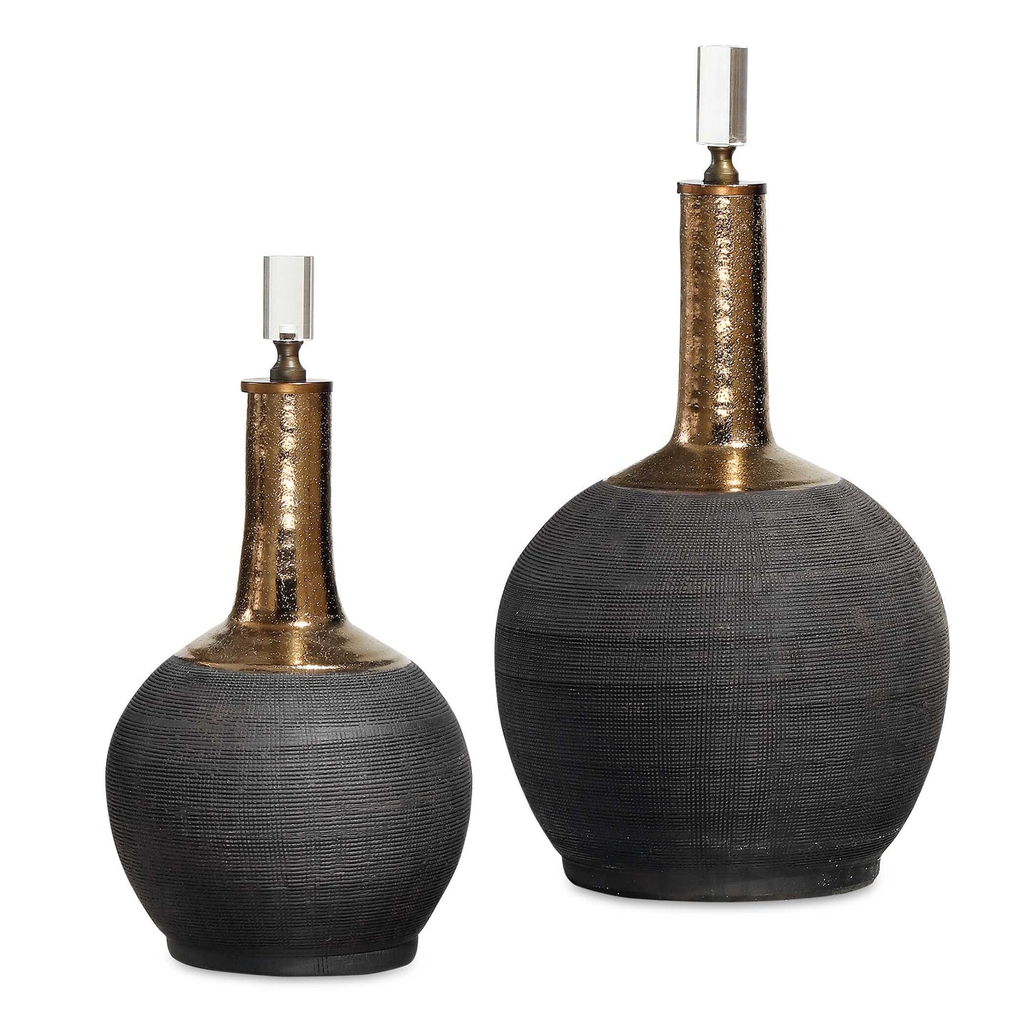 Ceramic Bottles With Matte Black Hand-scored Bodies, Golden Metallic Glazed Necks And Shaped Crystal Finials.