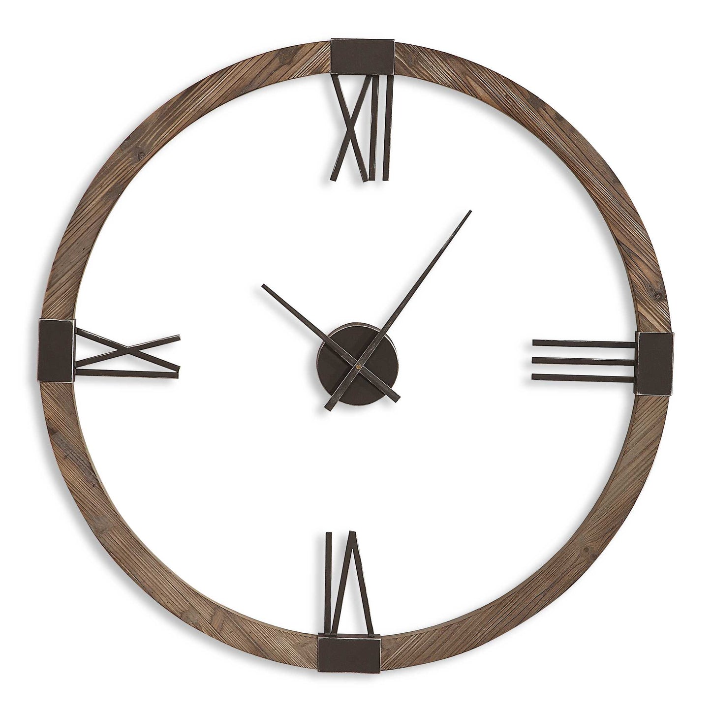 Natural Stained, Fir Wood Clock Frame With Hand Forged, Aged Iron Roman Numerals And Floating Center Dial. Quartz Movement Ensures Accurate Timekeeping. Requires One "AA" Battery.