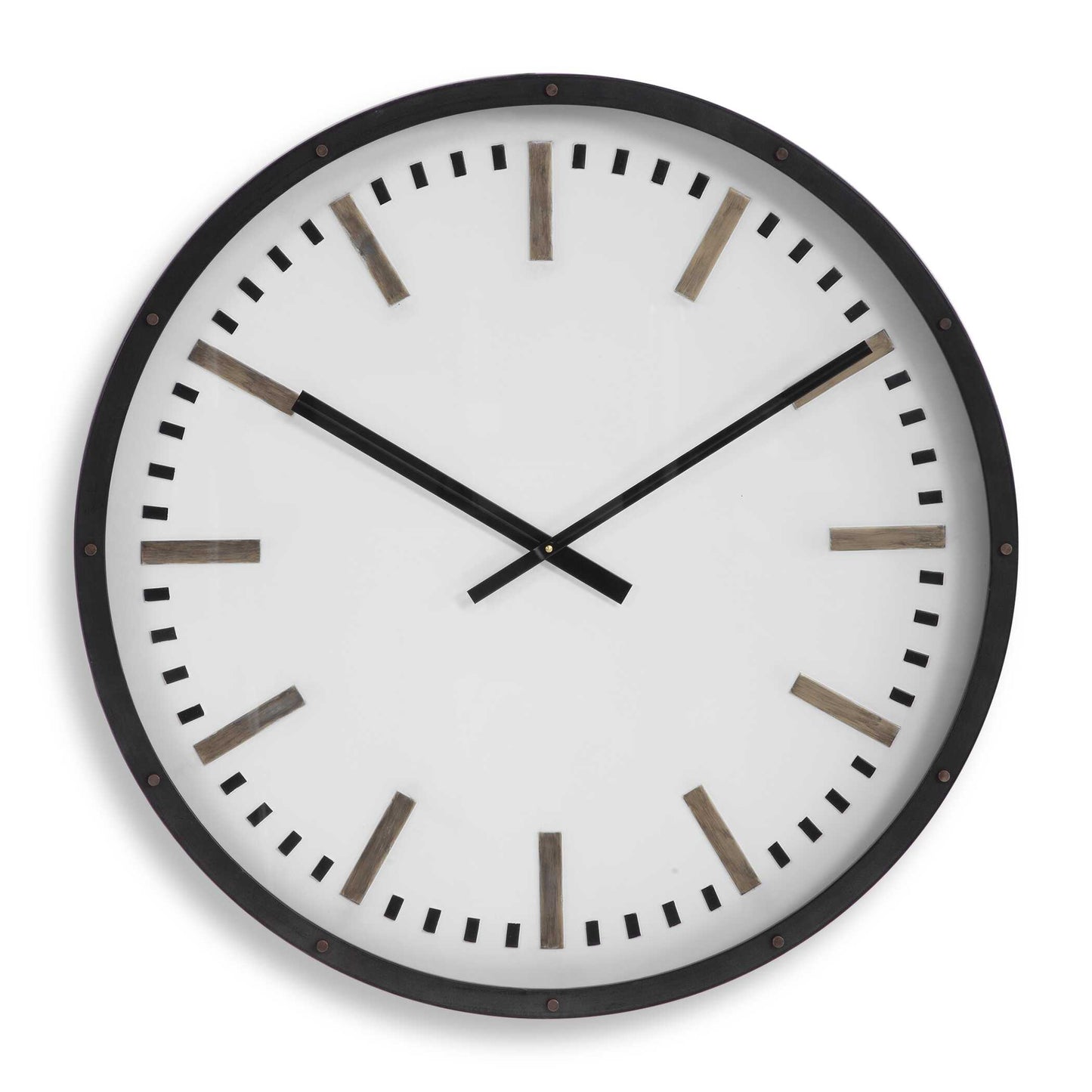 Wall Clock Featuring A Dark Bronze Frame With Nail Head Accents. The White, Iron Face With Antique Brass And Black Accents Are Encased Under A Glass. Quartz Movement Ensures Accurate Timekeeping. Requires One "AA" Battery.