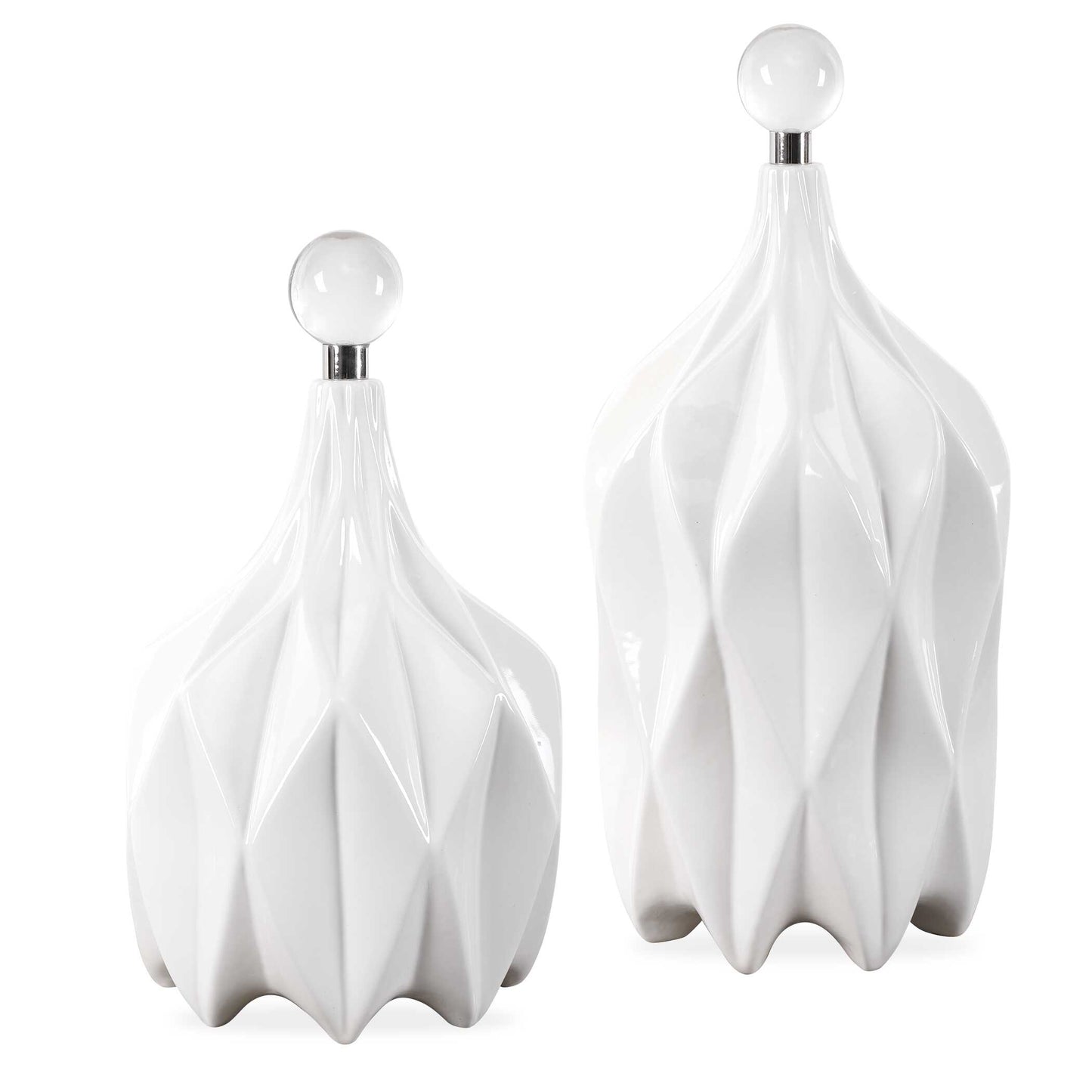Modern Style Emanates From This Set Of Decorative Ceramic Bottles With An Embossed Geometric Pattern, Finished In A Glossy White And Accented With Non-removable Polished Nickel And Crystal Finials. Sizes: S-8x13x8, L-8x17x8