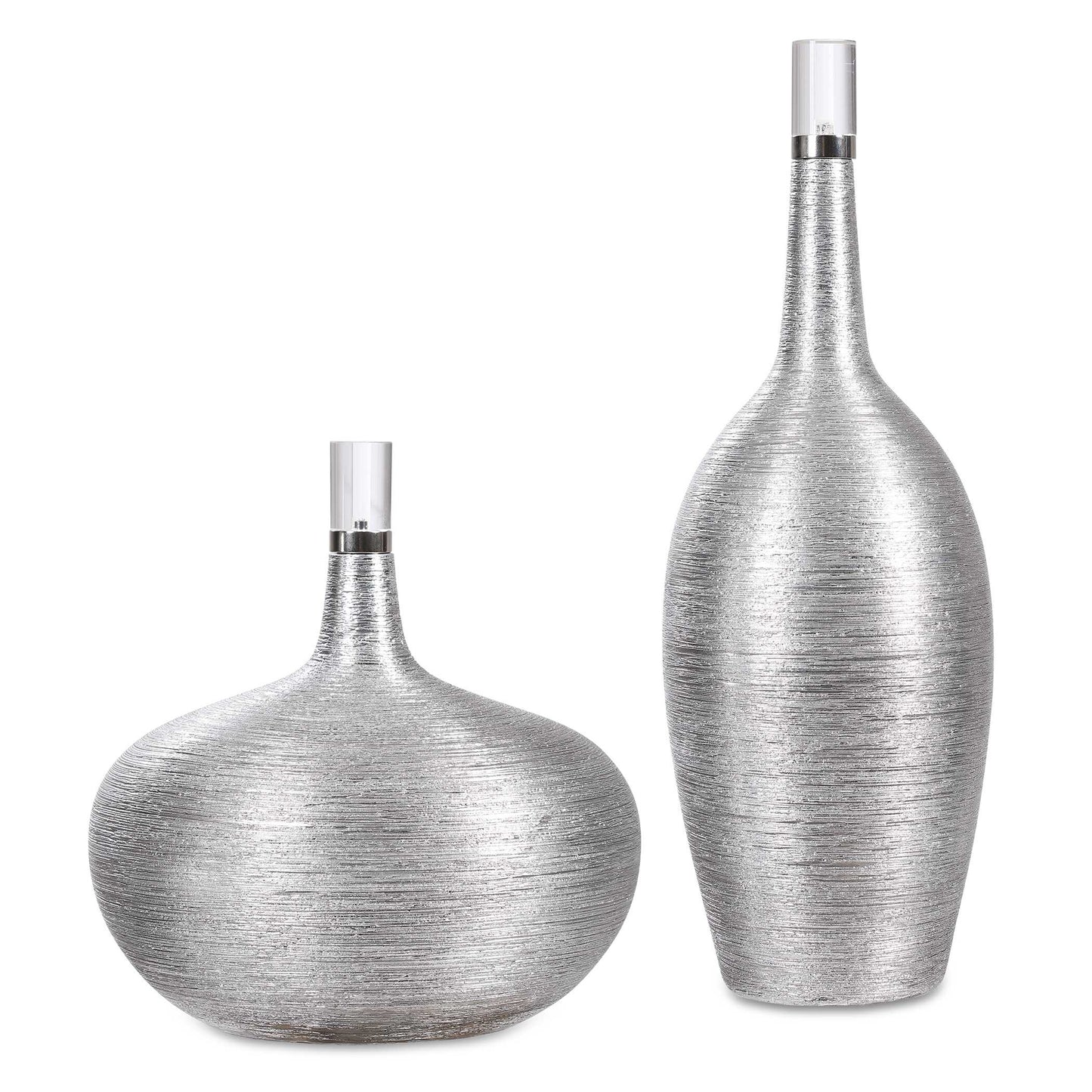 Set Of Two Ceramic Bottles Showcase A Subtle Ribbed Texture, Finished In Bright Silver Leaf With Crystal And Brushed Nickel Accents. Sizes: S-10x11x10, L-6x17x6