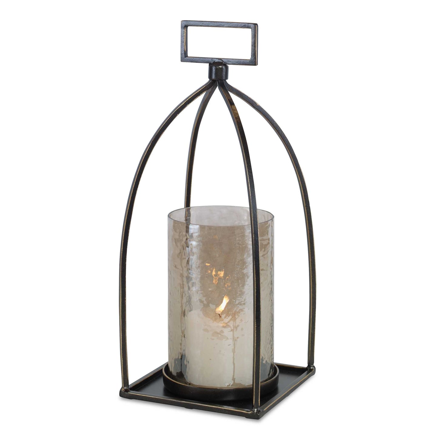 Taking Cues From Moroccan Style, This Candleholder Is Finished In Dark Bronze With Gold Rub-through Details And A Textured Glass Hurricane. One White 3"x 3" Candle Is Included.