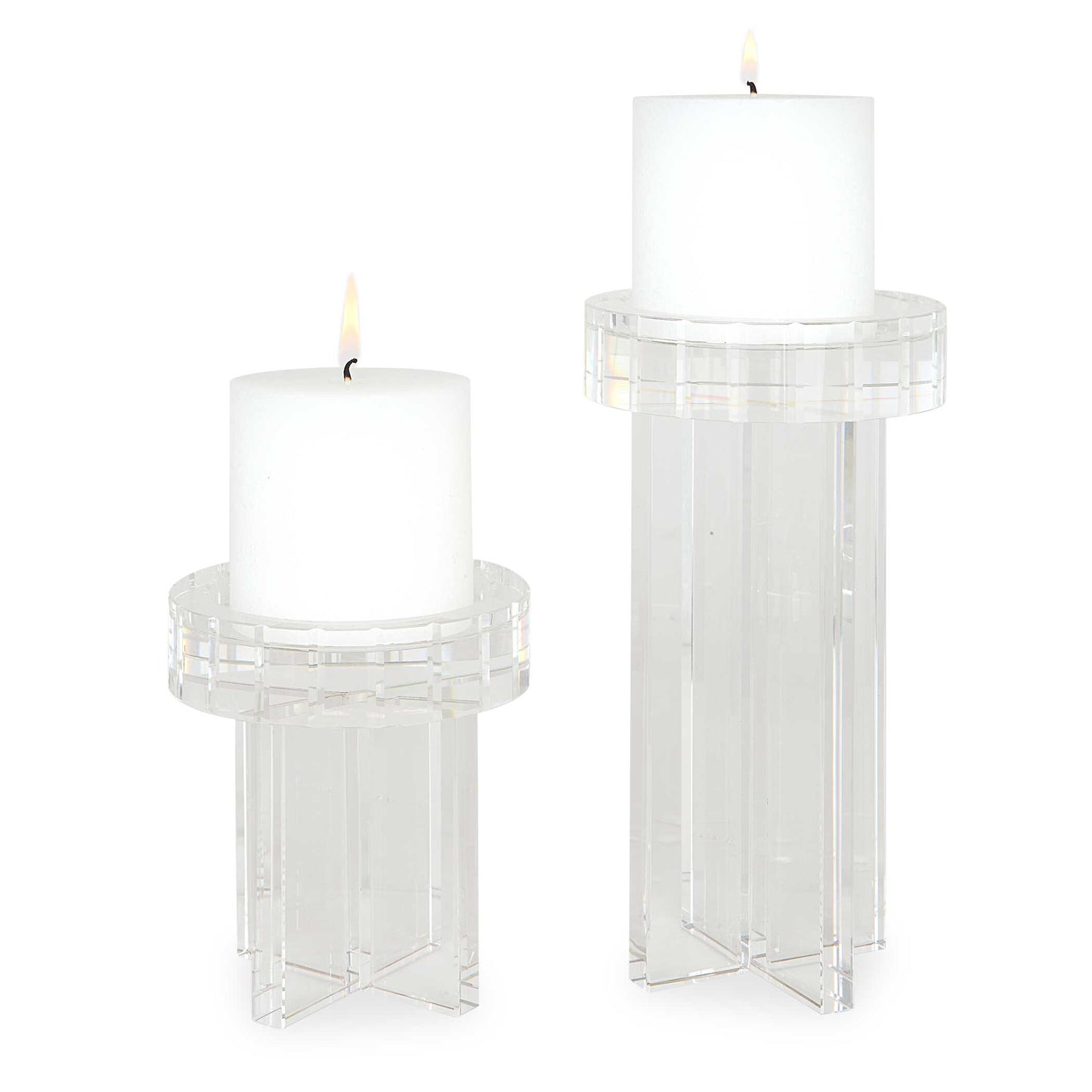 This Elegant Set Of Candleholders Is Created From Solid Pieces Of Crystal With Delicate Carved Details. Two 3" X 3" White Candles Are Included. Sizes: S-4x5x4, L-4x9x4