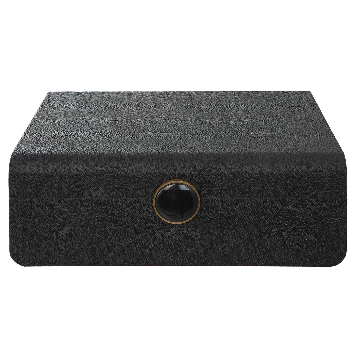 Inspired By The Art Deco Era, This Decorative Box Showcases A Faux Black Shagreen Wrapped Surface Accented By A Brushed Antique Brass And Black Enamel Closure. The Interior Is Finished In Matte Black.