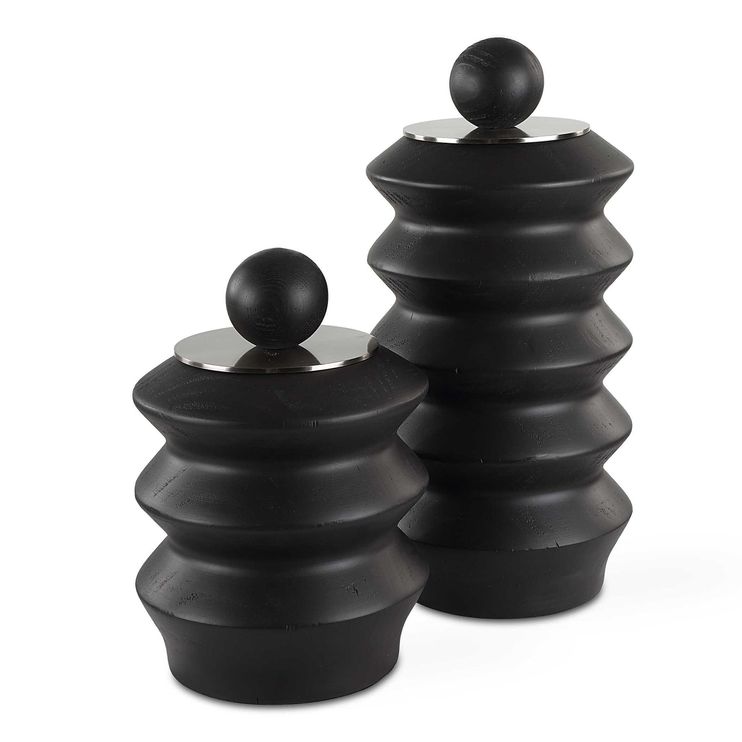Accent Any Table Or Countertop With These Black Stained Wood Containers With Brushed Nickel Lift-off Lids. Sizes: S-7x10x7, L-7x14x7