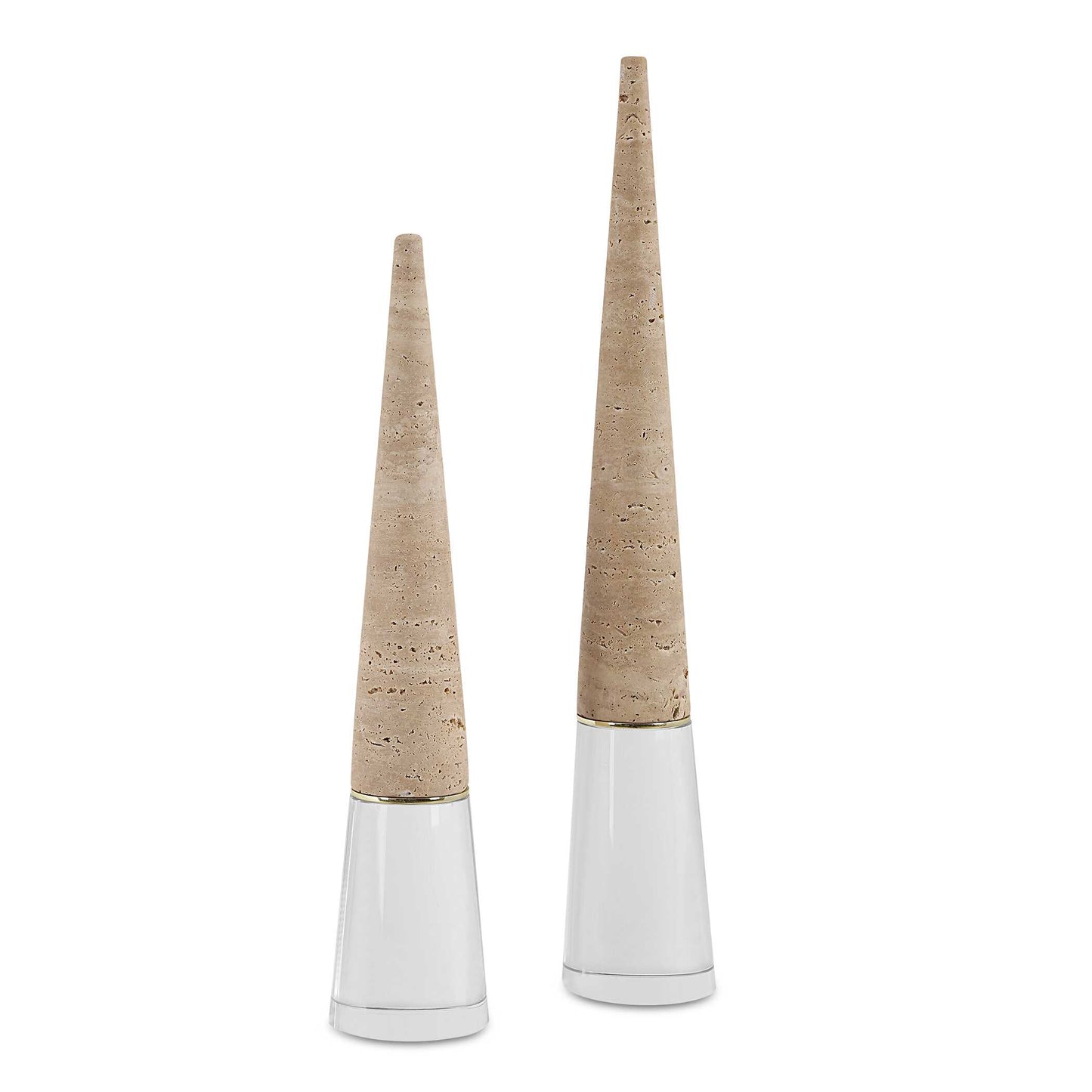 Crafted With Precision, These Sculptural Forms Feature Beige Unfilled Travertine Elevated By Thick Clear Crystal Bases. Bisected By A Steel Disc Finished In A Light Antique Brass. Whether Adorning Your Living Room, Office, Or Entryway, This Set Promises To Be A Captivating Focal Point. Sizes: S- 3x16x3, L- 3x20x3