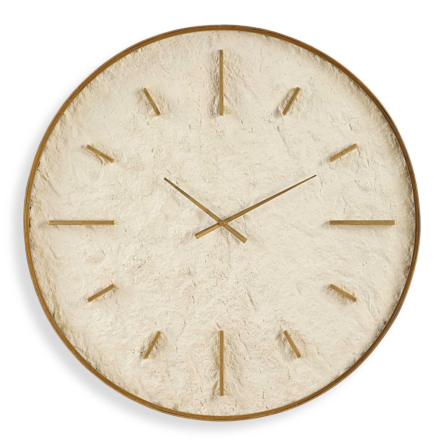 Elevate Your Space With Our Off-white Stone Clock, Artfully Framed By A Lightly Antiqued Gold Metal Band. The Offset Inner Ledge Adds A Distinctive Touch, Merging Timeless Elegance With Modern Design. Perfect For Any Setting!