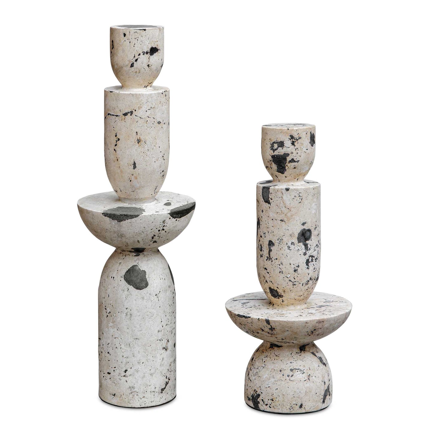 Inspired By The Clean Lines And Bold Feel Of Modern Art, This Set Of Two Tower Sculptures Are Handcrafted From Natural White Limestone With Black Accents. Each Piece Is A Testament To Minimalist Elegance, Blending Sleek Geometric Forms With Organic Materials To Create A Striking Visual Impact. Safe For Outdoor Use, But Protection From Freezing Temperatures Is Recommended. Sizes: S-7x17x7, L-7x22x7