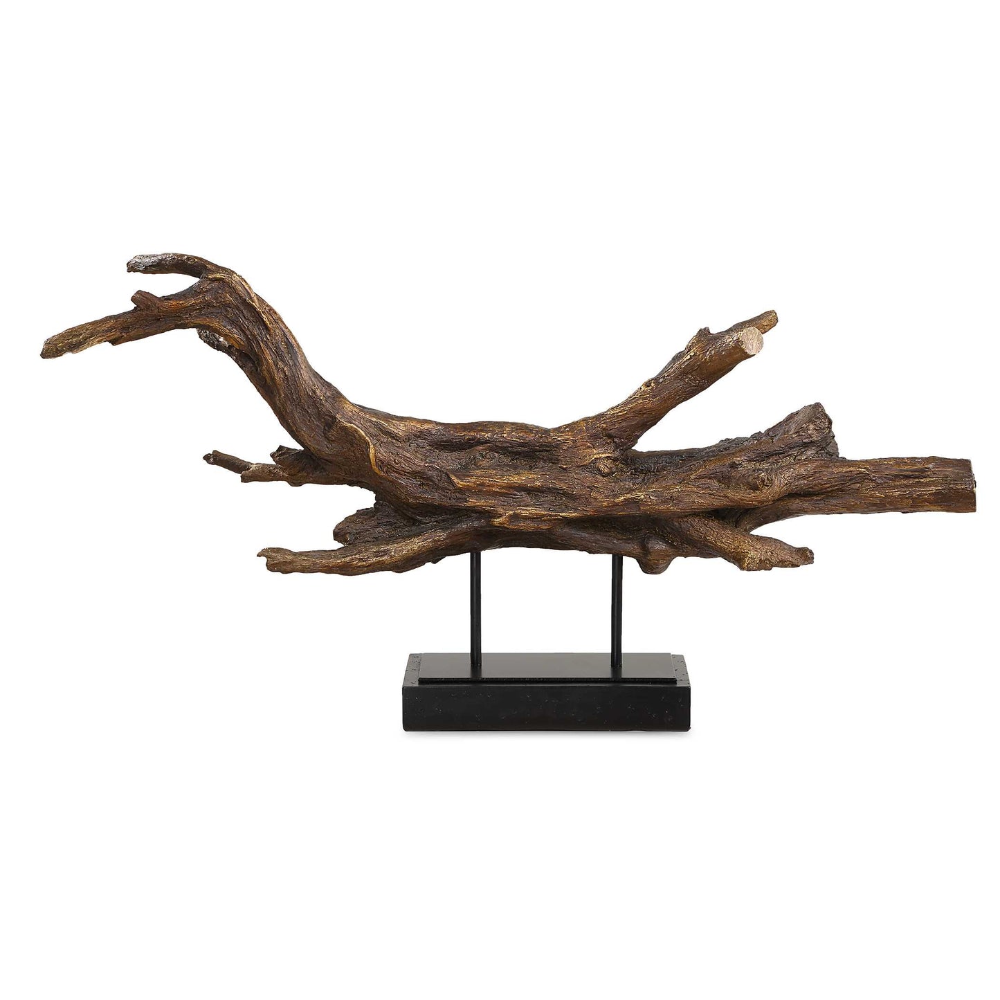 This Captivating Branch Sculpture Boasts A Deep Dark Brown Finish Accented With Metallic Gold Highlights, Bringing A Sense Of Nature And Elegance Into Your Space. Artfully Displayed On A Matte Black Stand, This Piece Combines Organic Beauty With Modern Aesthetics, Making It A Striking Focal Point For Any Room.