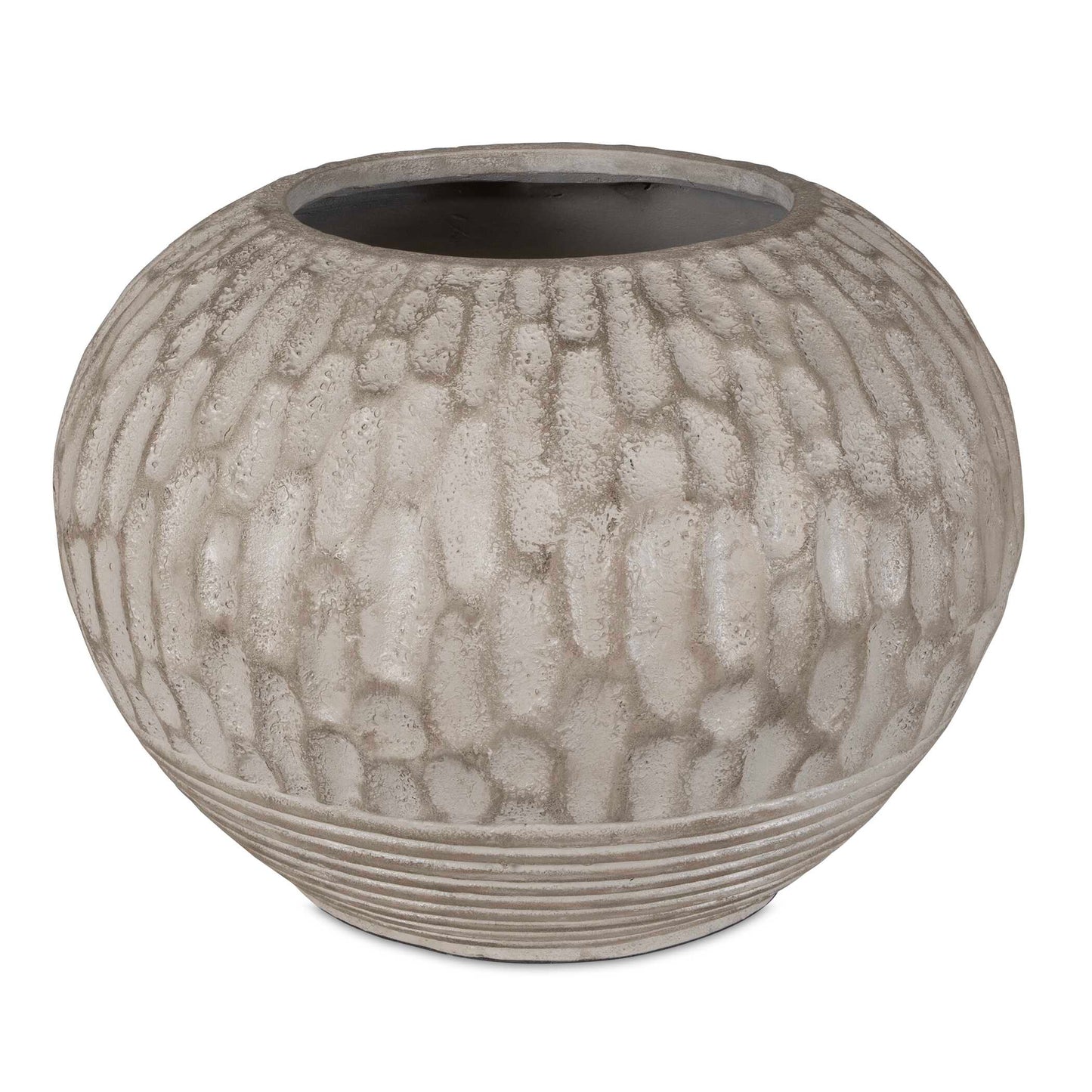 Elevate Your Plant Game With Our Terracotta Planter, Featuring Elegant Carvings And A Unique Ribbed Base. All Finished In A Lightly Antiqued White Wash With Light Brown Undertones. Perfect Addition To Any Indoor Space.