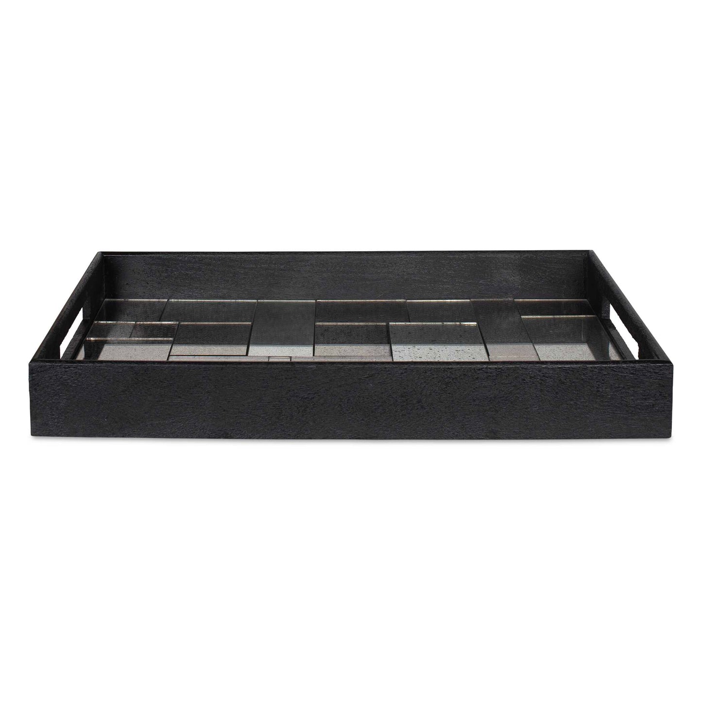 Elevate Your Hosting Experience With This Sleek Black Mango Wood Tray Featuring A Striking Antique Mirrored Mosaic Design. With Built-in Handles And A Contemporary Aesthetic, It's The Perfect Blend Of Function And Style For Any Space.