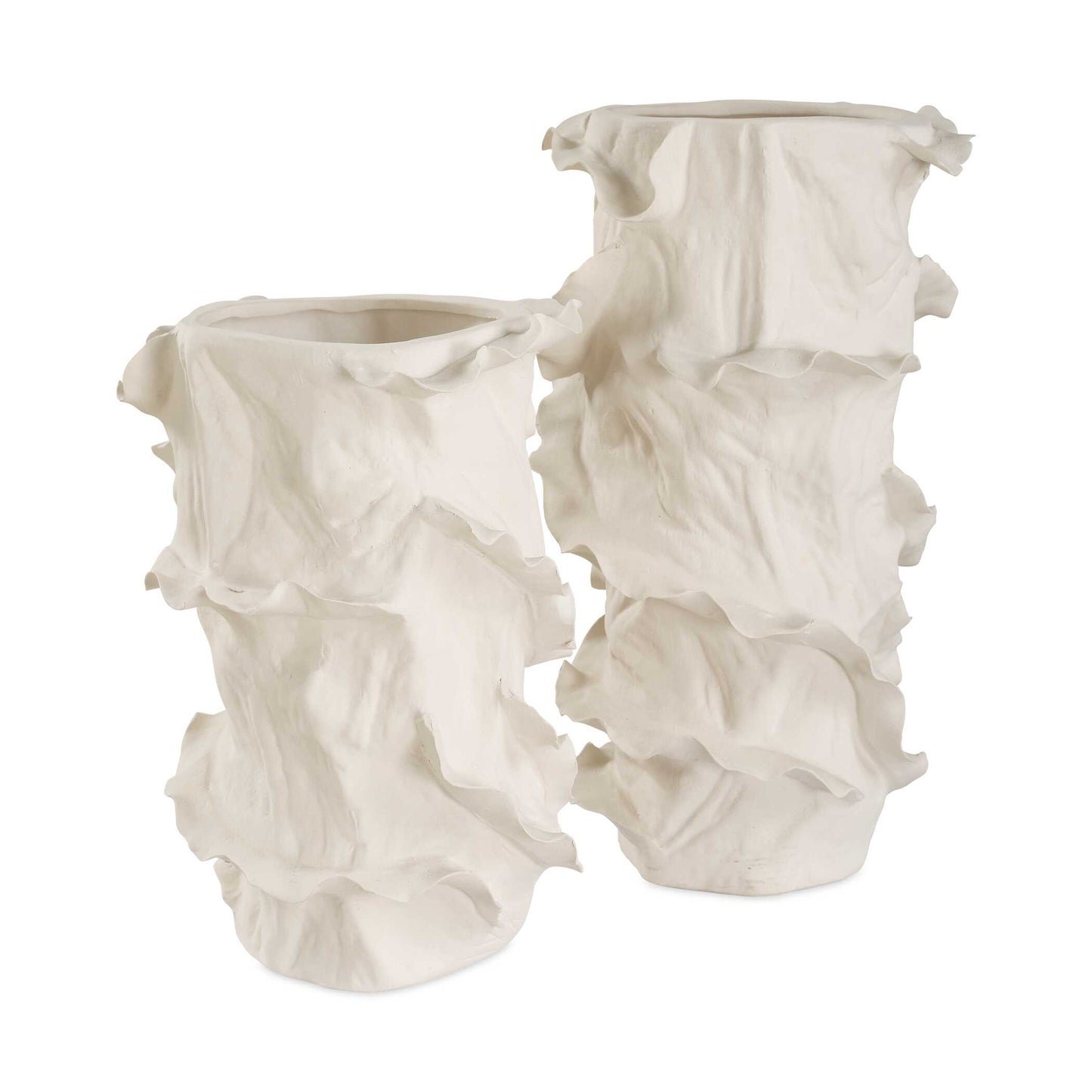 A Stunning Duo Of Sculptural Vases With Fluid, Ruffled Edges, Evoking The Beauty Of Natural Movement. Crafted In A Crisp White Finish, These Statement Pieces Bring An Artistic And Modern Touch To Any Space. Sizes: S-8x11x6, L-8x14x6