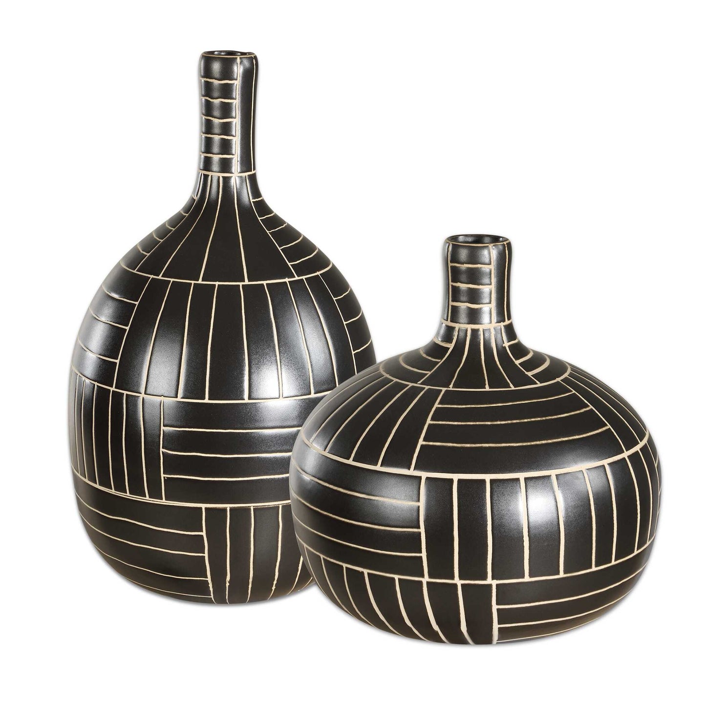 Elevate Your Home Decor With These Striking Black Ceramic Vases, Featuring A Sleek Geometric Design With Contrasting Ivory Lines. Perfect For Modern And Contemporary Spaces, These Handcrafted Statement Pieces Add Sophistication And Artistic Flair To Any Setting. Sizes: S-10x10x10, L-8x14x8
