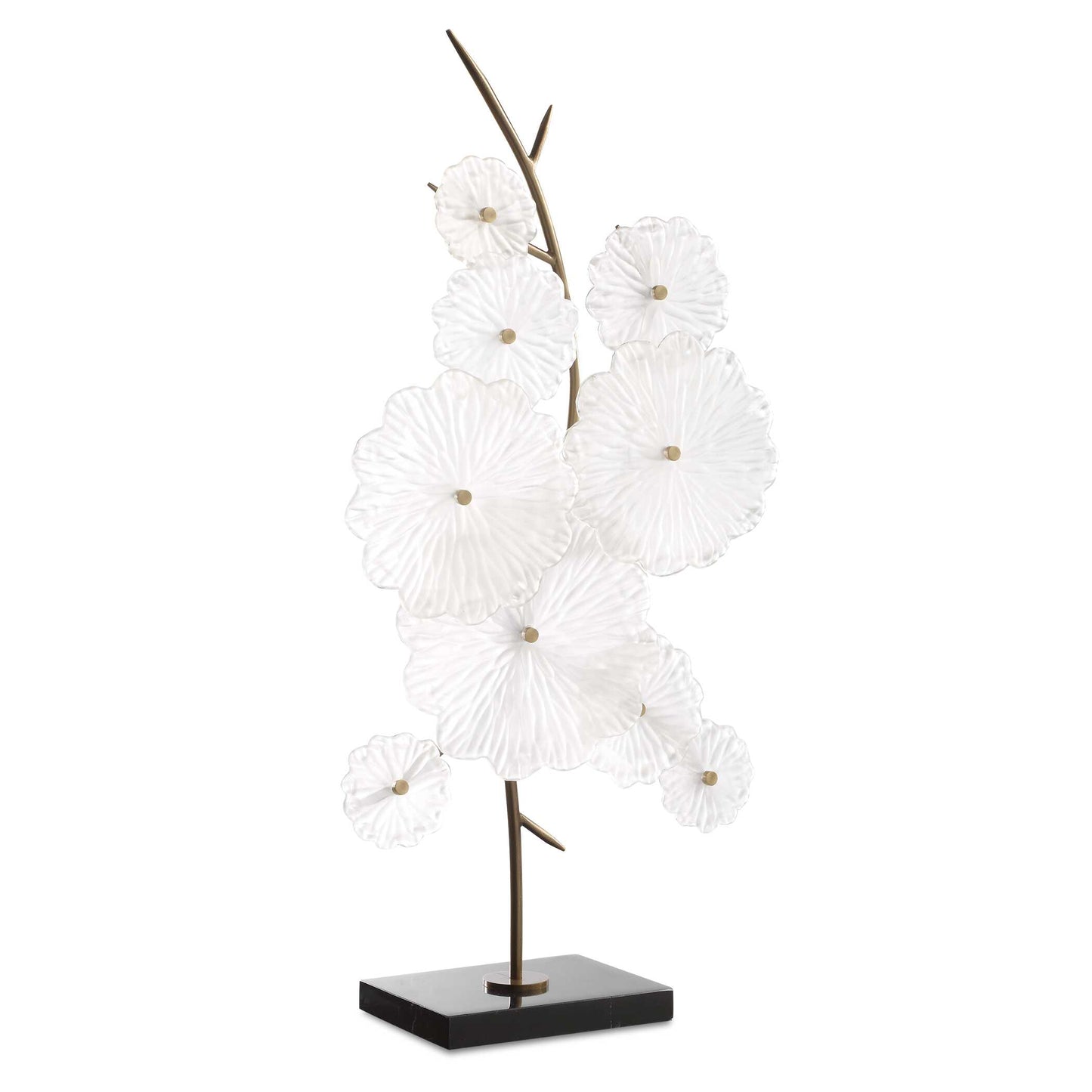 Add An Elegant Touch To Your Space With This Stunning Floral Sculpture. Featuring Delicate Glass Blossoms, Golden Stems, And A Sleek Black Marble Base. This Piece Exudes Sophistication And Charm.