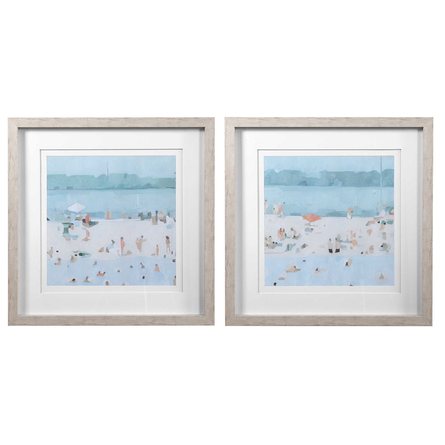 Beach Scene, Double White Mats, Light Driftwood Colored Frames, Light Blue, Blue, Teal, Tan, Peach, Charcoal, White, Beige