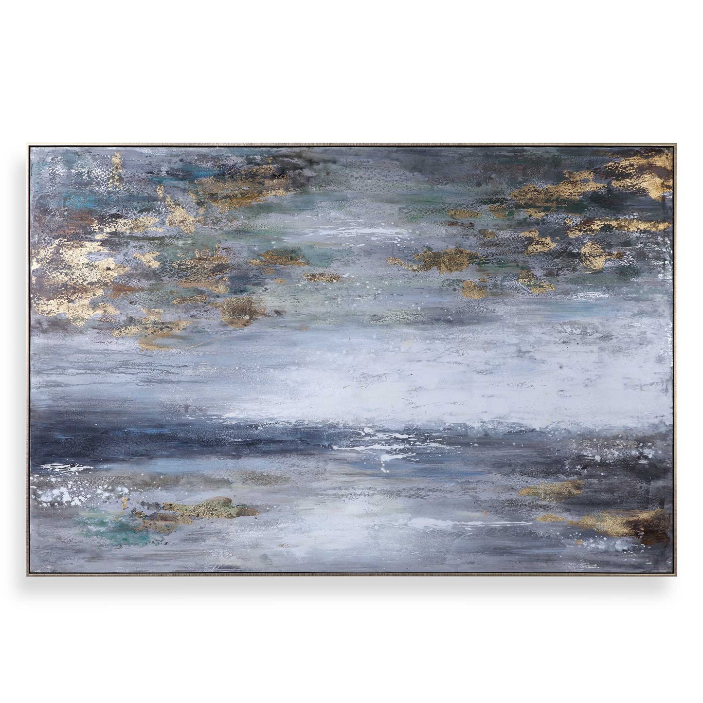 Gold Gallery Frame, Horizontal Only, Grays, White, Blue, Green Highlights, Some Browns With Gold Leaf Highlights