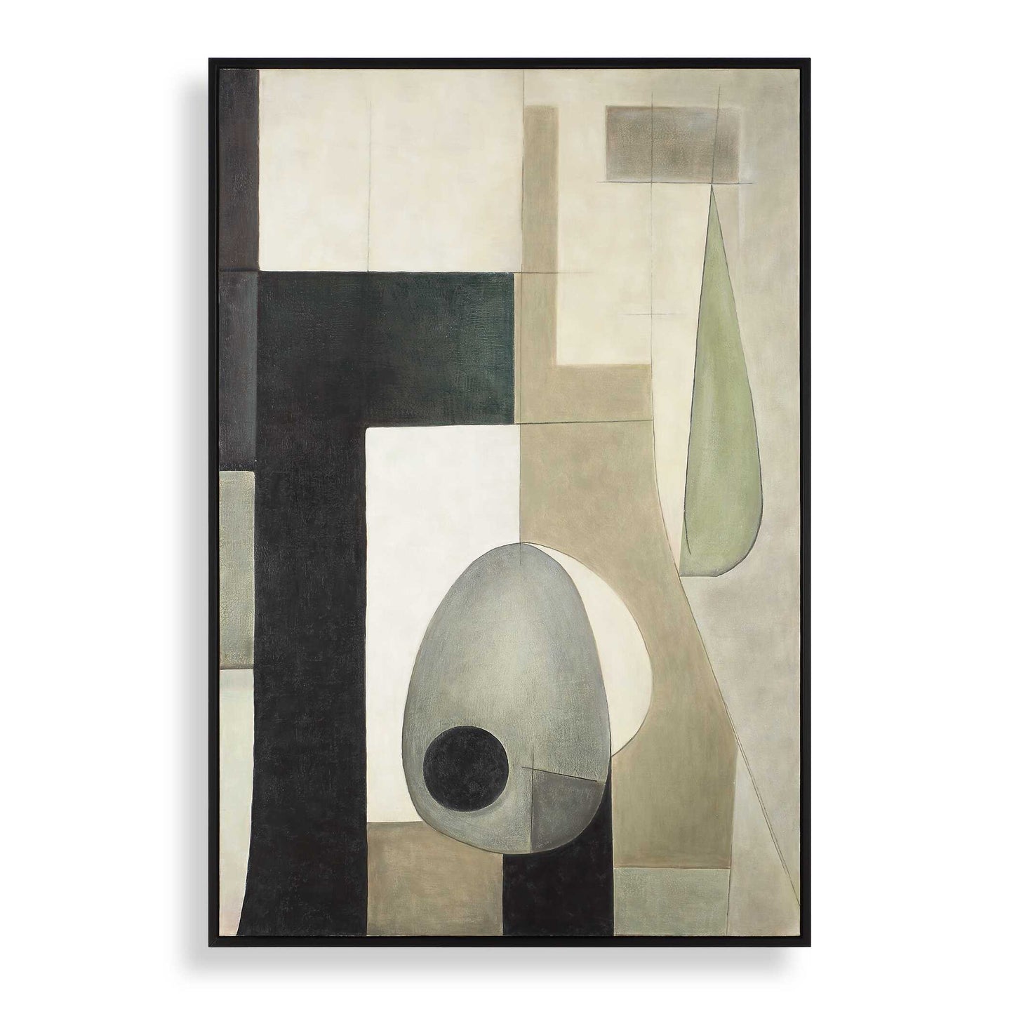 The Fair Trade Hand Painted Canvas Showcases A Geometric Composition In Muted Earth Tones Like Soft Greens, Beiges And Pewter. The Color Palette Provides Balance To The Bold Nature Of The Design, Making It An Ideal Piece In Virtually Any Space. A Slim, Black Wooden Frame Completes The Artwork. May Be Hung Horizontal Or Vertical. Due To The Handcrafted Nature Of This Artwork, Each Piece May Have Subtle Differences.