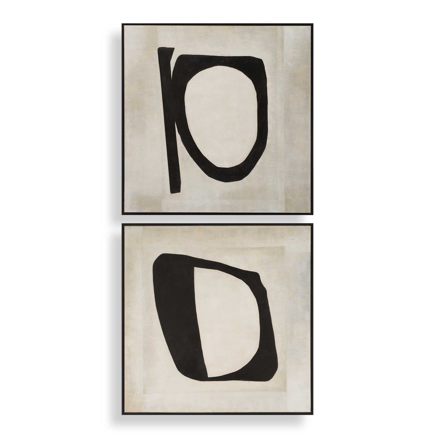 This Set Of Two Hand Painted Canvases Embody A More Mature Approach To A Monochromatic Palette. It Showcases A Background With A Mix Of Cream And White Hues, Accented By A Black Gallery Frame. Due To The Handcrafted Nature Of The Artwork, Each Piece May Have Subtle Differences. These Pieces May Be Hung Horizontal Or Vertical.
