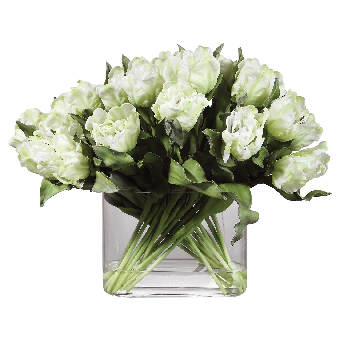 Featuring A Dramatic Spread Of White Tulips, Meticulously Placed Into An Oval Glass Vase Complete With Faux Water.