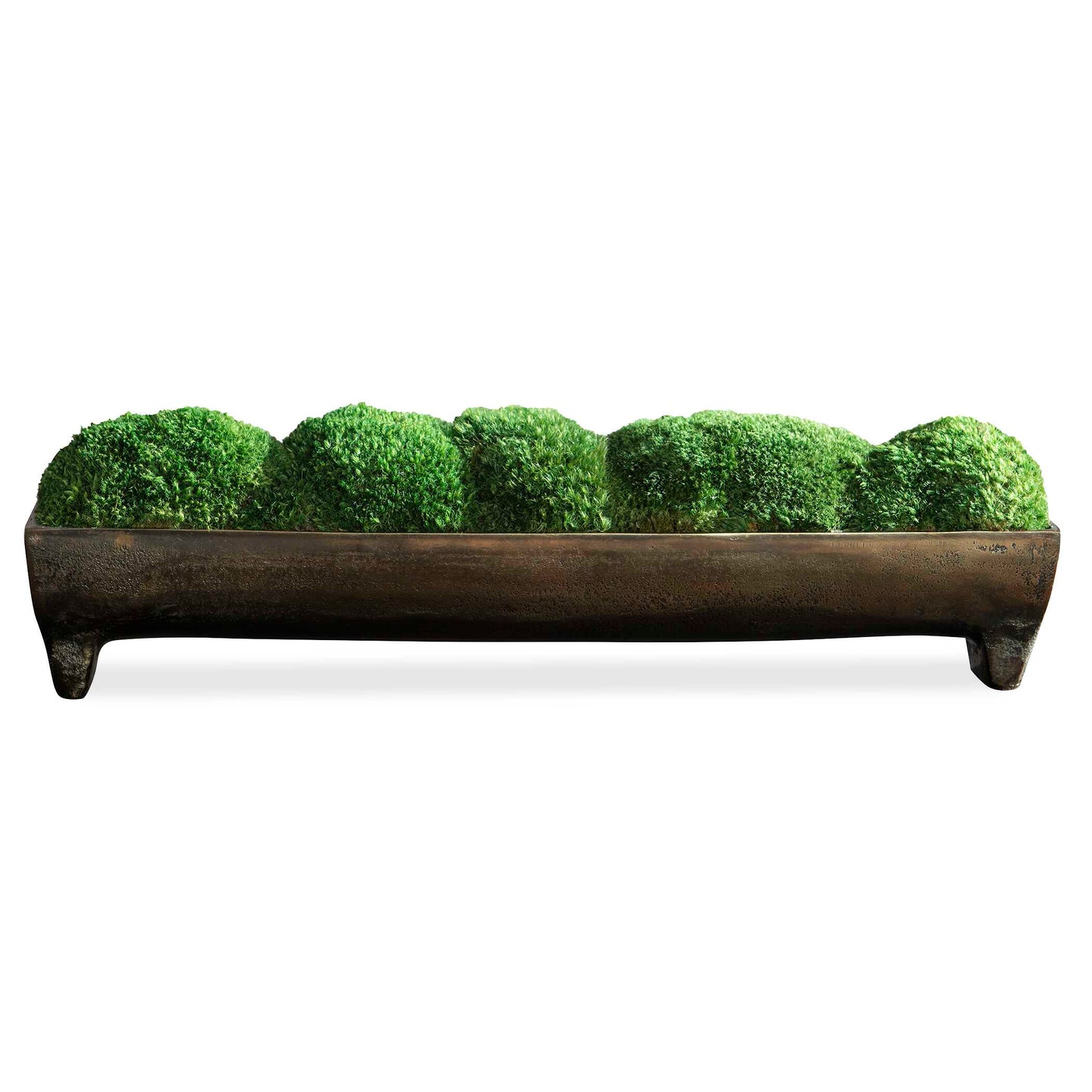 Perfectly Preserved Mounds Of Moss Are Placed Together In An Elongated Aluminum Footed Tray Finished In A Colorful Oxidized Bronze.