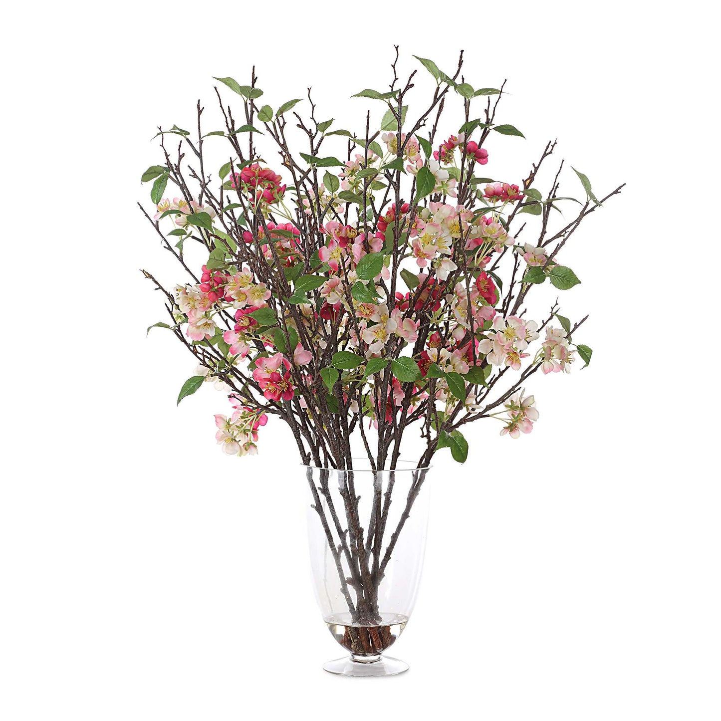Vibrant Spring Blooms Of Petite Cherry Blossoms In Ivory And Blush Tones Create A Lush Centerpiece, Arranged In A Glass Pedestal Vase With Faux Water.