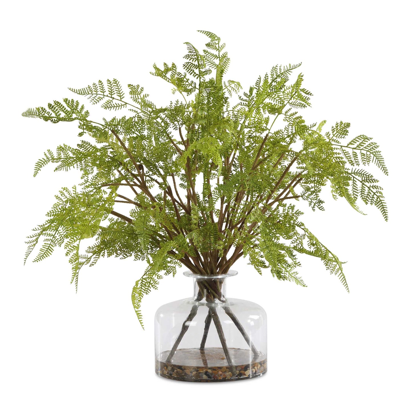 An Airy Bundle Of Lush Fern Fronds Are Effortlessly Placed Into A Clear Glass Medicine Jar With Natural River Rocks And Faux Water.