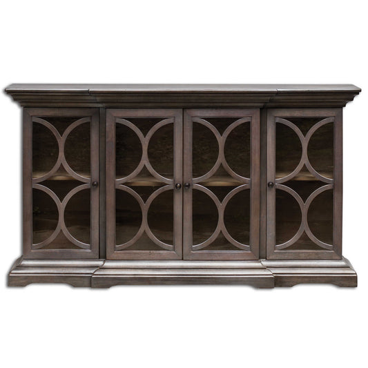 Craftsman Built With Breakfront Styling, Carved Molding Details, And Elegant Paris Silver Finish, A Subtly Metallic Silver Over A Walnut Finished Fine Wood Grain With Clear Glass Doors.