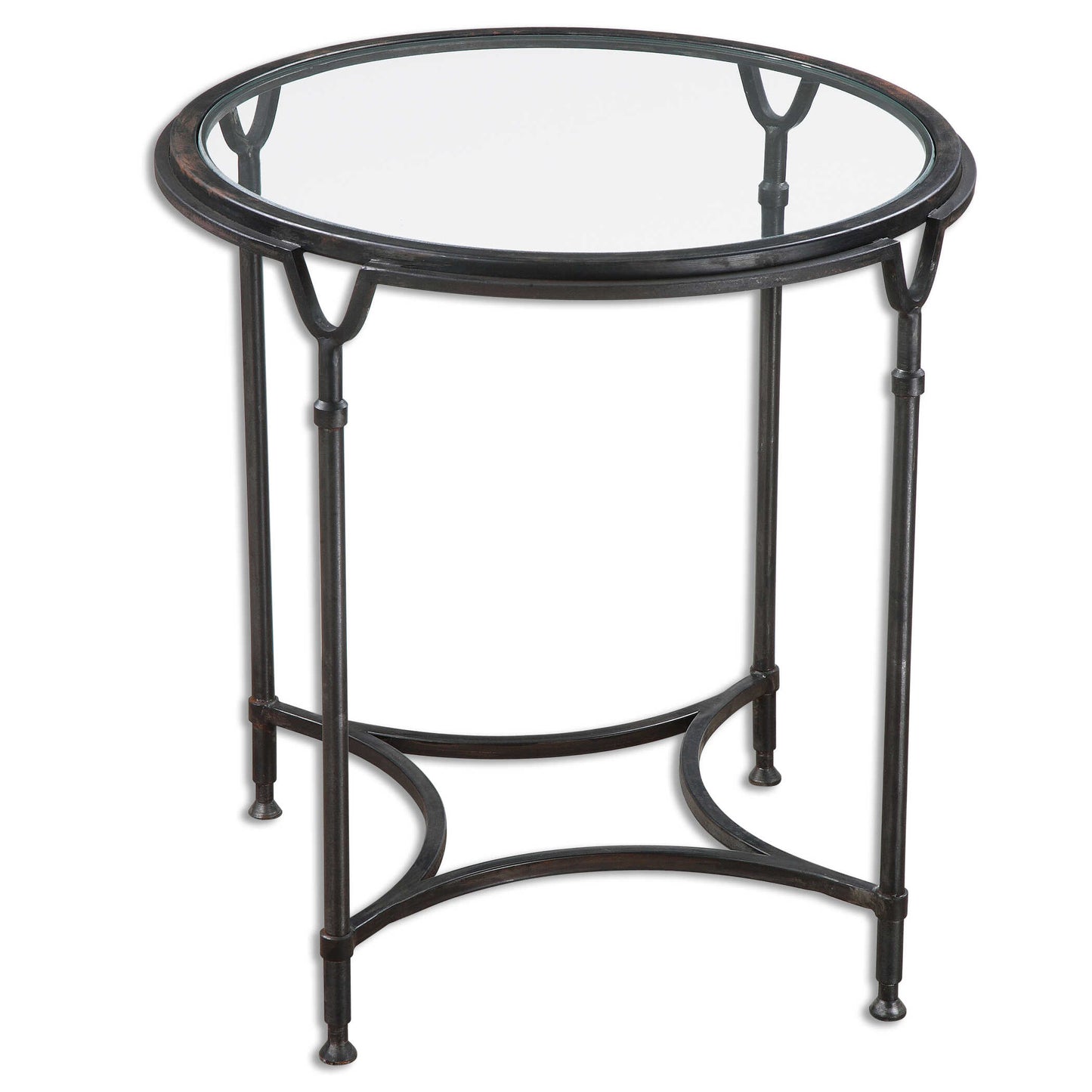 Featuring Equestrian Inspired Lines, This Hand Forged Steel Side Table Is Finished In Aged Black, With A Clear Tempered Glass Top.