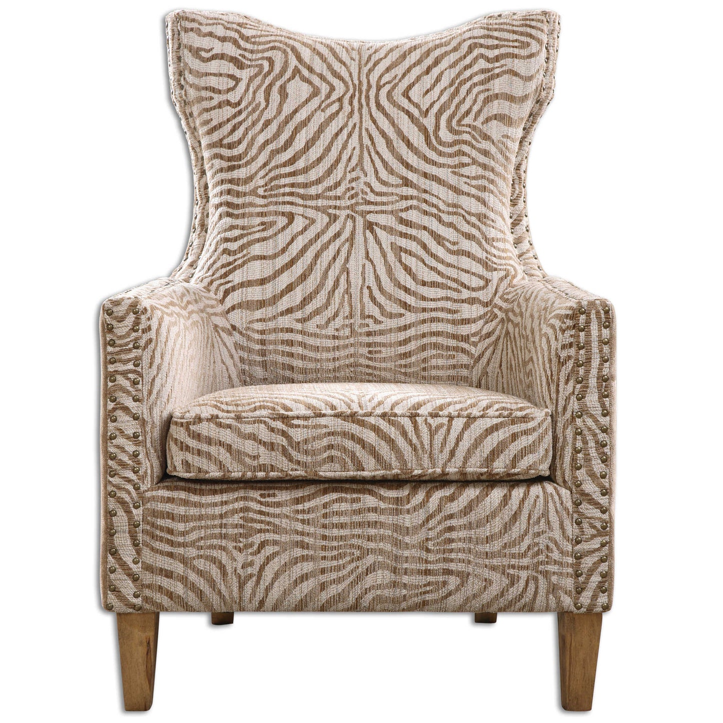 Styled With An Exotic High Back And Curved Rear Legs, This Chair Features Plush Stripes In Light, Airy Neutrals On The Seat, Surrounded By A Coordinating Solid On The Back. Double Row Nail Head Detail And Weathered Maple Wood Finish.