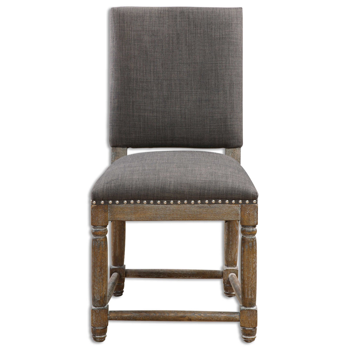Weathered Gray Hardwood Base, Paired With Woven Polyester Seat And Back In Asphalt With Antique Brass Accent Nails.