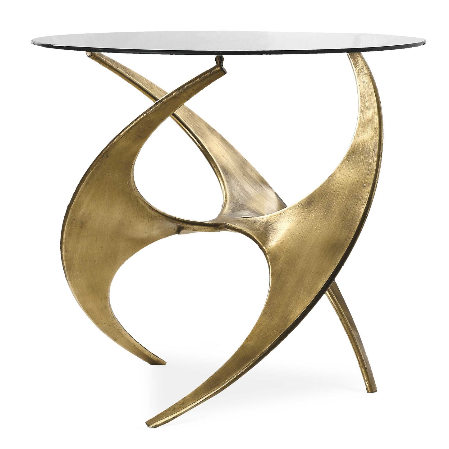 Artfully Sculpted Metal Base In Antique Gold With A Tempered Glass Top.