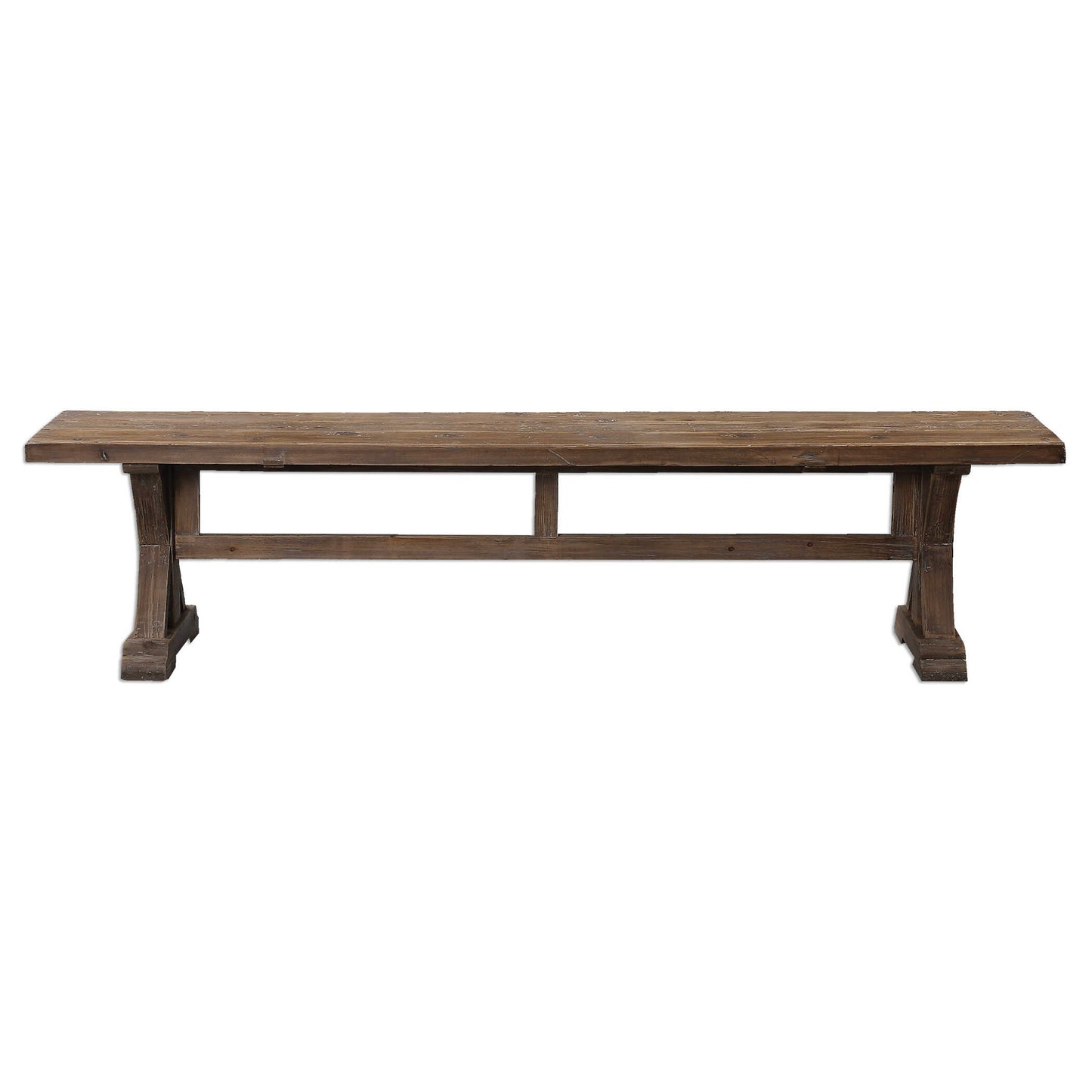 Solidly Constructed Of Salvaged Fir Lumber With A Carved Trestle Base. Sun Faded And Distressed Patina Is Finished With A Stony Gray Wash. Solid Wood Will Continue To Move With Temperature And Humidity Changes, Which Can Result In Small Cracks And Uneven Surfaces, Adding To Its Authenticity And Character.