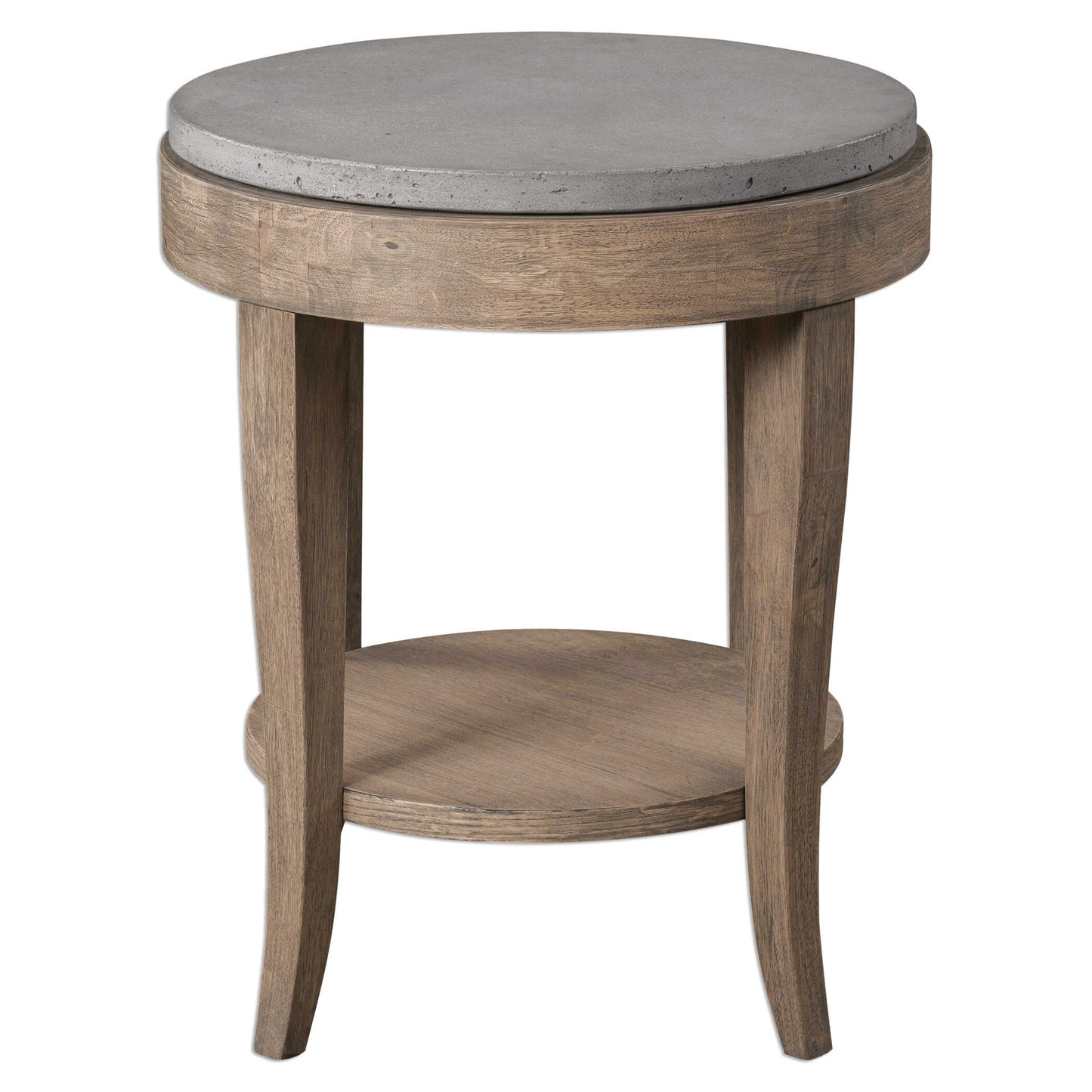 A Casual Farmhouse Inspired Side Table With Birch Wood Veneer, Finished In A Natural Brown Glaze With A Solid Poured Concrete Surface Top.