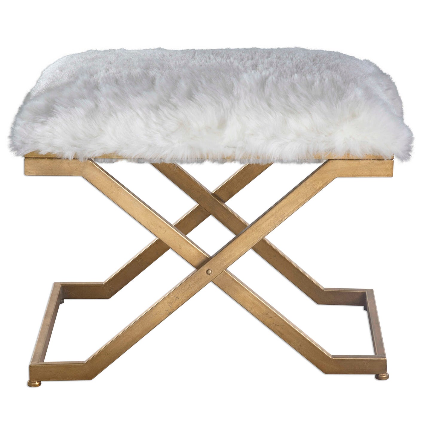 Plush Faux Fur In Soft White Atop Legs Of Thick Industrial Hand Forged Iron Finished In Antiqued Gold Leaf.