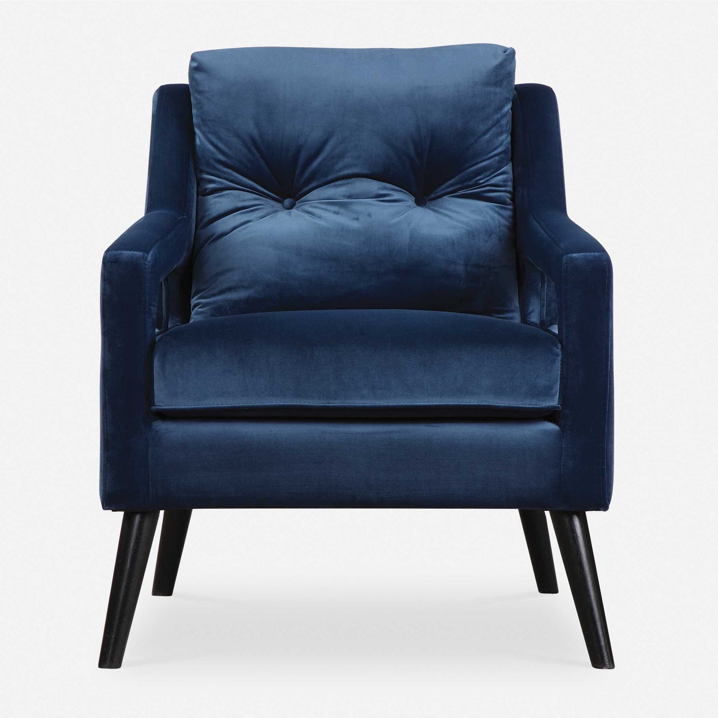 Open Arm Concept In Ink Blue Polyester Velvet, On Solid Birch Legs In Antique Black.