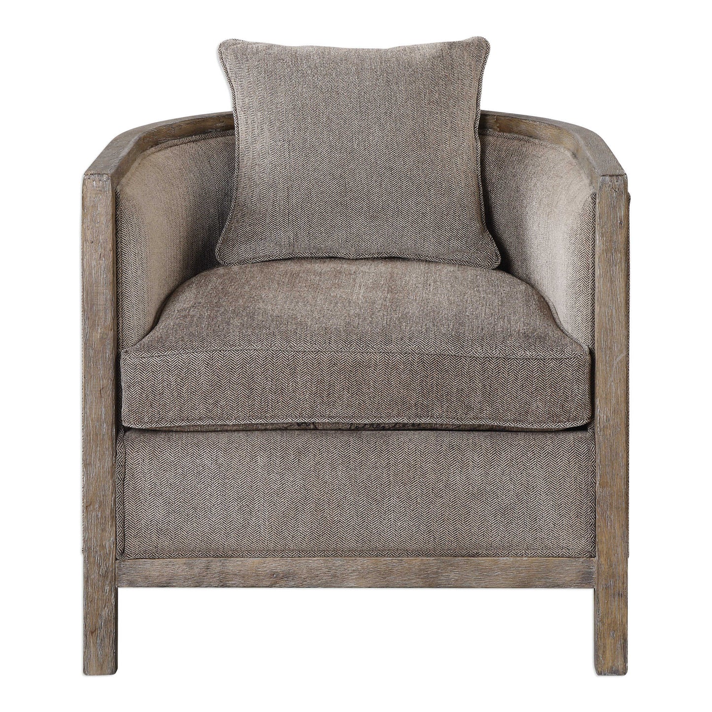 Versatile Tub Chair With A Wonderful 360 Degree View. The Softly Weathered Exposed Hardwood Frame Is Lightly Washed In Gray To Blend With The Shimmering Coffee Chenille Neutral Flaxen Fabric. Great To Float In Any Space.