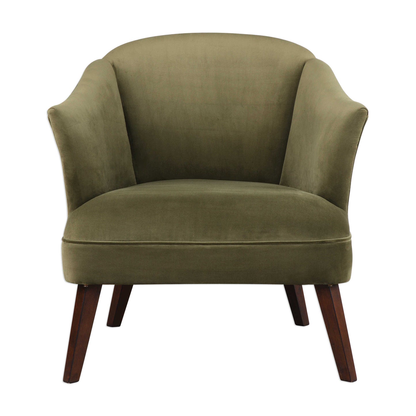 This Barrel Back Style Accent Chair Offers A Cozy Feel, Featuring A Soft Olive Toned Polyester Velvet, Finished With A Welt Trim And Tapered Birch Legs In Dark Walnut.