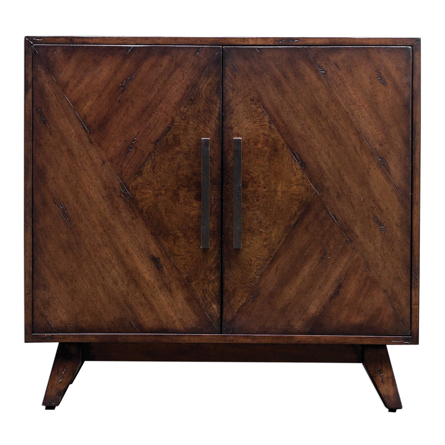 Mid-century Inspired Styling, With Geometrically Pieced Mango Veneer Doors Accented With An Ash Burl Veneer Center Finished In A Deep Mahogany Stain With Natural Distress Marks And Burnishing, Complete With Antique Brass Finished Bar Handles. Includes One Adjustable Interior Shelf.