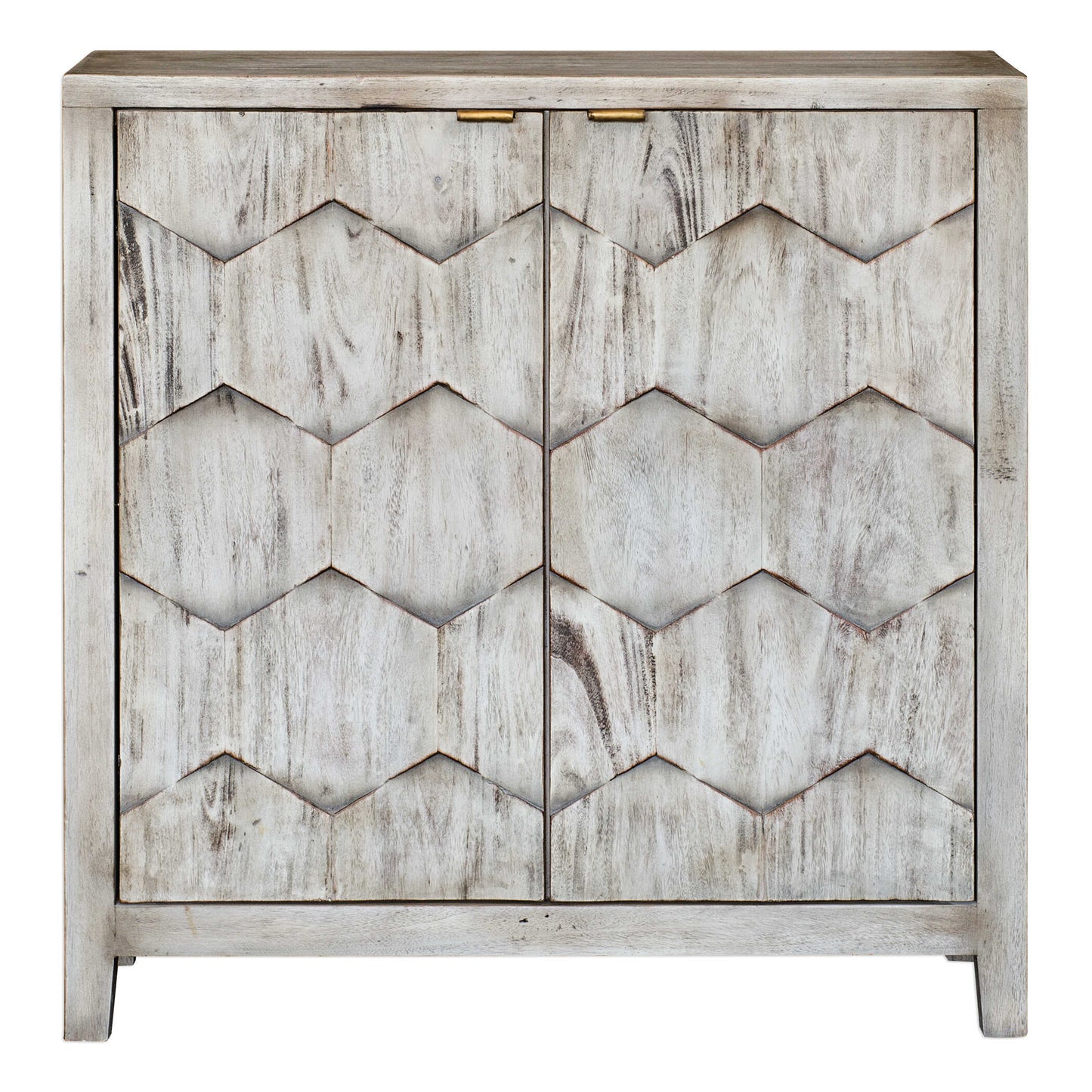 Expert Craftsmanship Is Displayed In The Three Dimensional Honeycomb Striped Doors In Smoked Ivory Finished Mahogany Wood With Antique Bronze Iron Handles. Includes One Adjustable Interior Shelf.