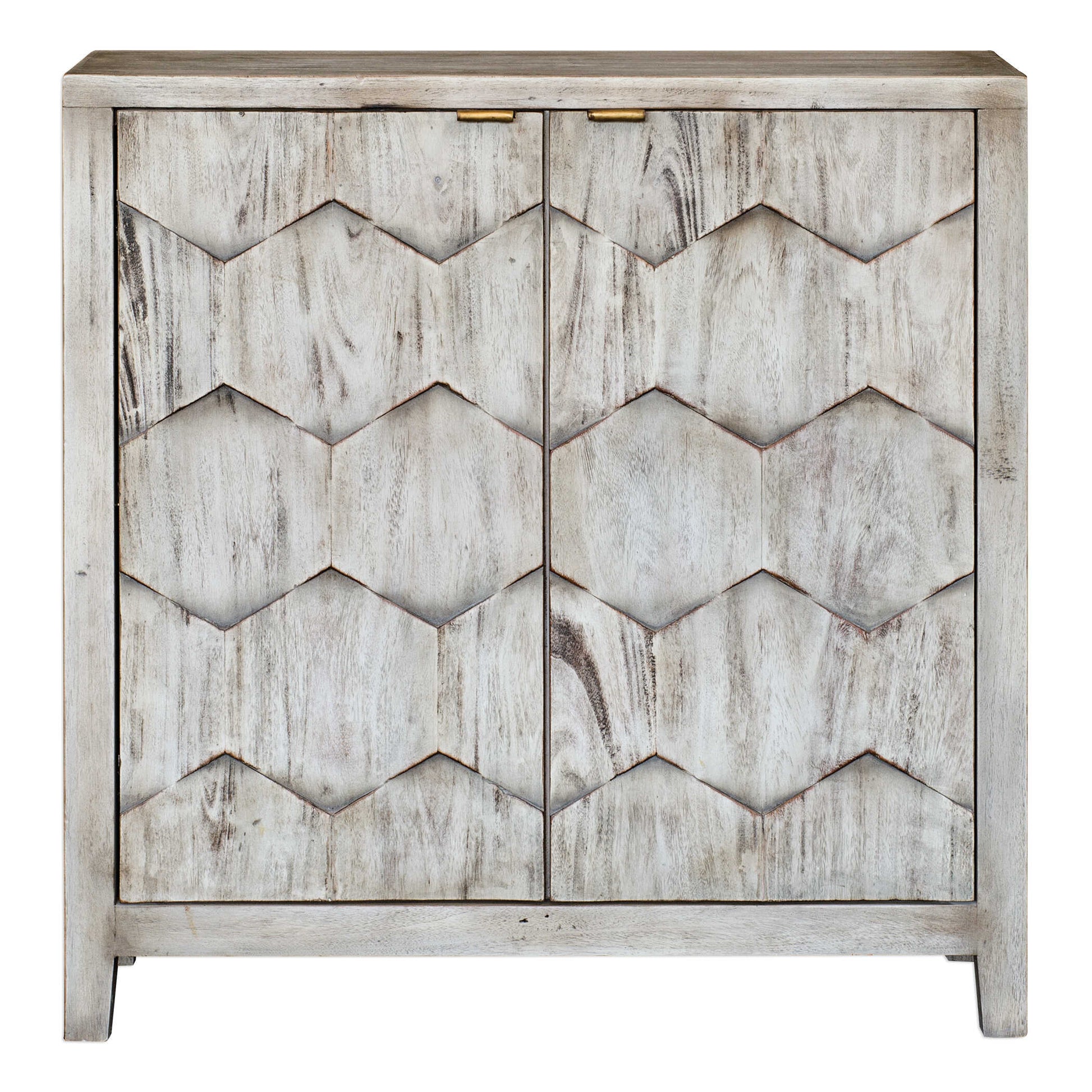 Expert Craftsmanship Is Displayed In The Three Dimensional Honeycomb Striped Doors In Smoked Ivory Finished Mahogany Wood With Antique Bronze Iron Handles. Includes One Adjustable Interior Shelf.