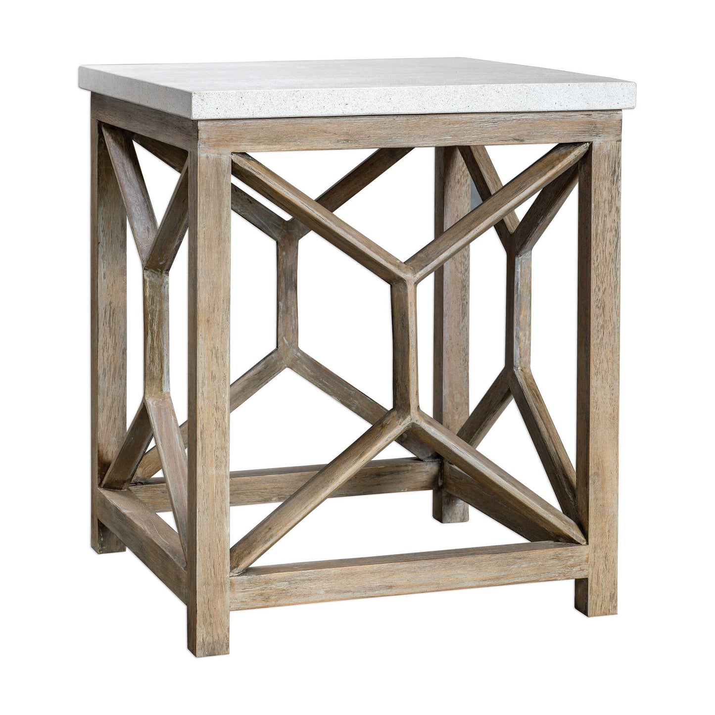 Handcrafted From Solid Mixed Woods With An Natural Ivory Limestone Top, On A Geometric Base Finished In A Warm Oatmeal Wash. True To The Characteristics Of Natural Stone, Each Piece Will Have Unique Coloration And Veining. Solid Wood Will Continue To Move With Temperature And Humidity Changes, Which Can Result In Cracks And Uneven Surfaces, Adding To Its Authenticity And Character.