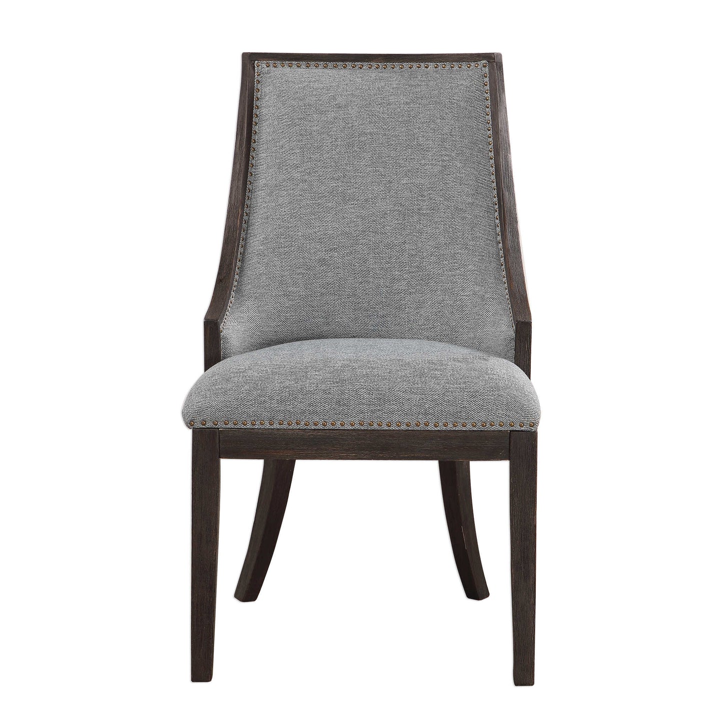 Curved Back Design In A Woven Light Denim, Accented By Antique Brass Nail Head Trim. Wire Brushed Birch Frame Is Finished In An Ebony Stain.