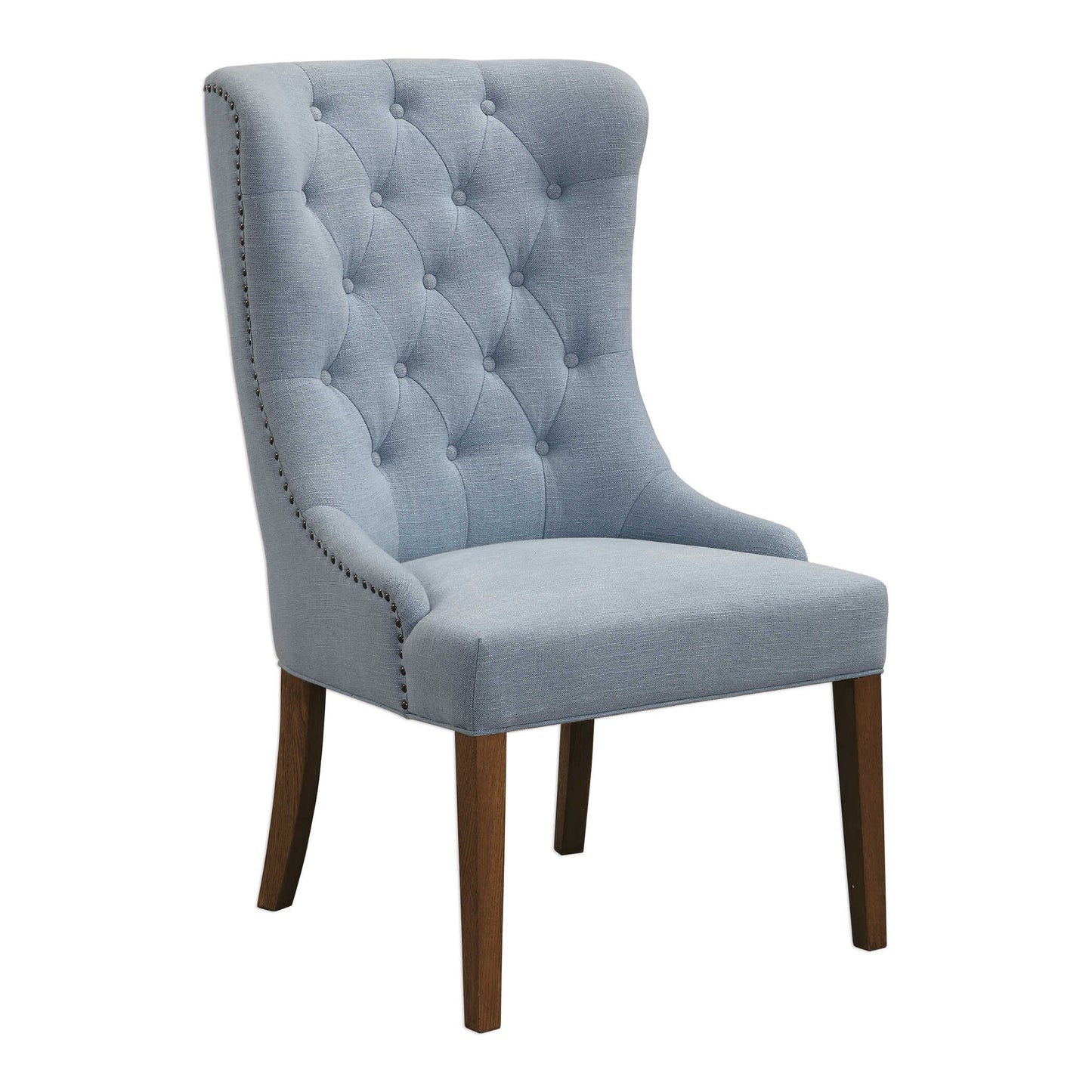 Exaggerated Scale Makes An Impressive Design Statement In The Button Tufted Slubbed Cotton Blend In A Light Slate Blue. Accented By Antique Bronze Nail Head Trim, Along With A Metallic Antique Bronze Back Ring Pull, On Solid Oak Tapered Legs Finished In Weathered Pecan.
