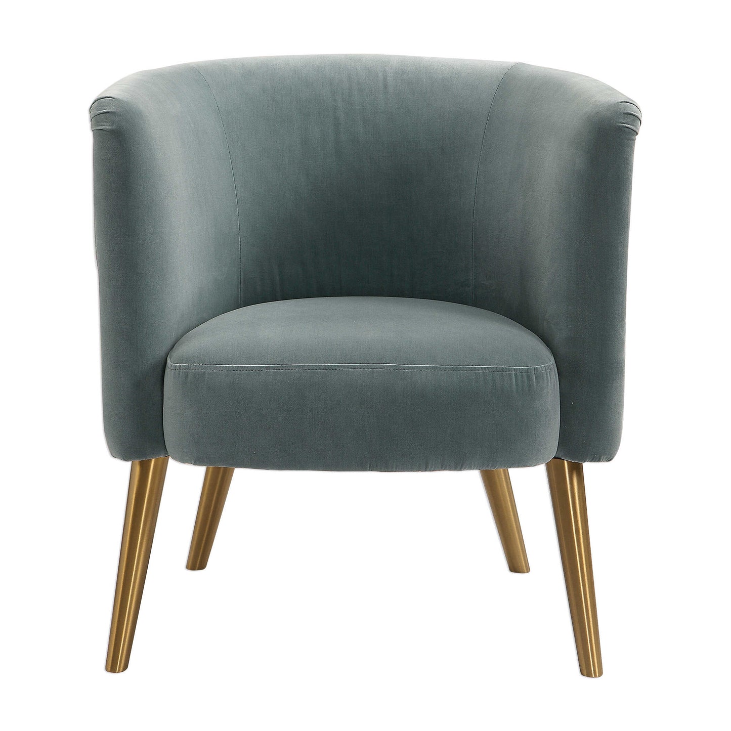 This Stylish Barrel Chair Features A Plush Diamond Button Tufted Surround In A Luxurious Slate Blue Velvet Lined With Antique Brass Nail Head Trim, On Metal Tapered Dowel Legs Finished In Brushed Brass.